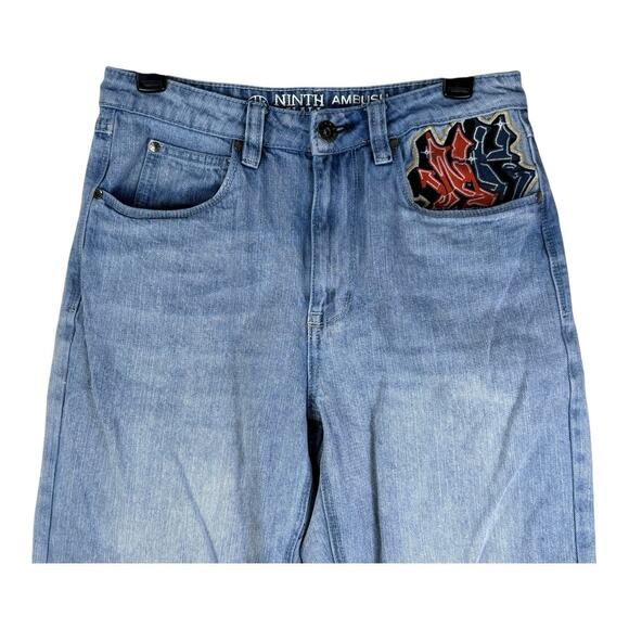 Ninth Hall Ambush Y2K Baggy Embroidered Jaguar Winged Skull Light Denim Jeans 28 - Picture 3 of 16